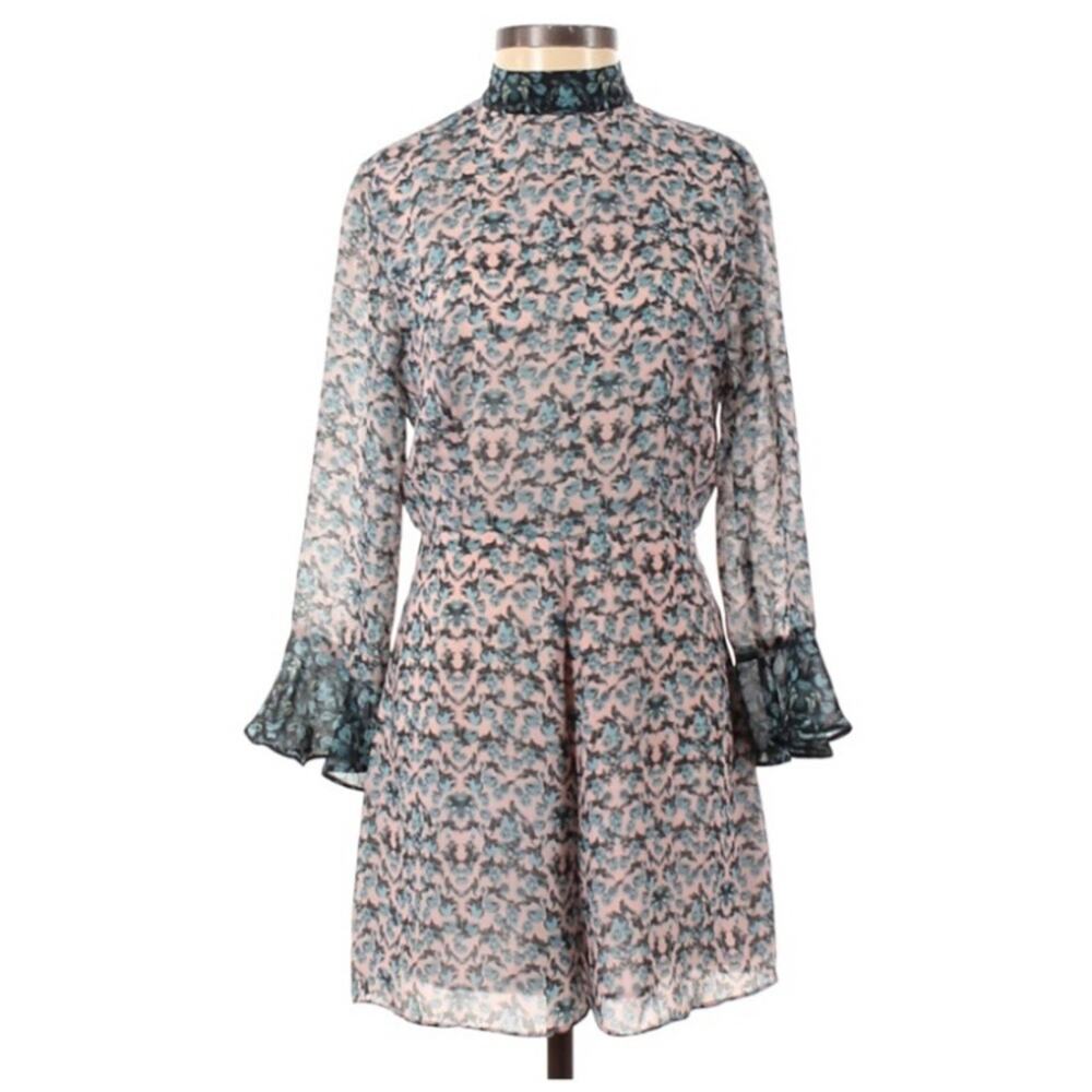 TopShop Floral Colorblock Bell Long Sleeve Mock Neck Romper Playsuit 2